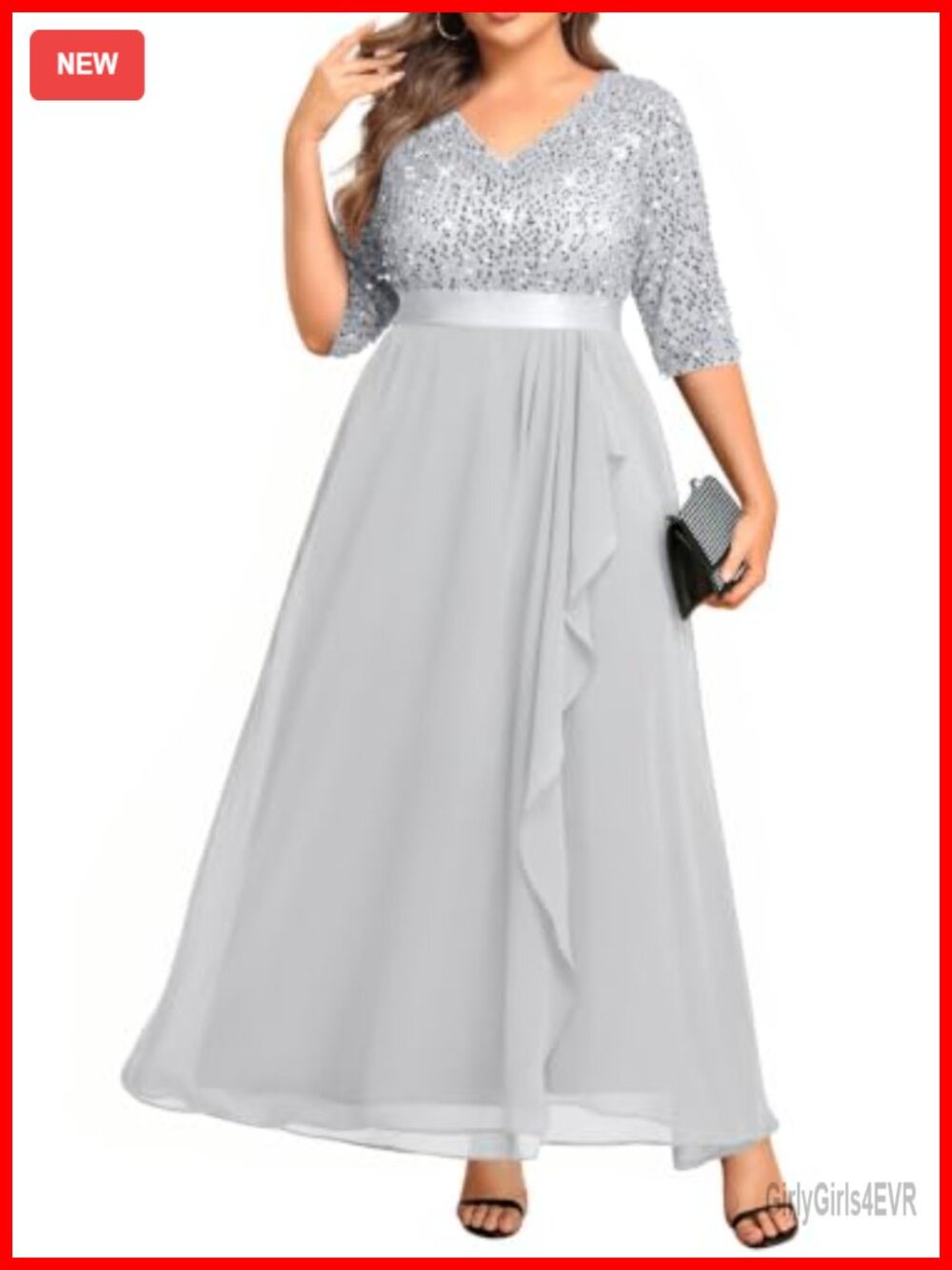 Plus Size Sequin Chiffon Formal Evening Gown V-Neck Ruffle Maxi Dress